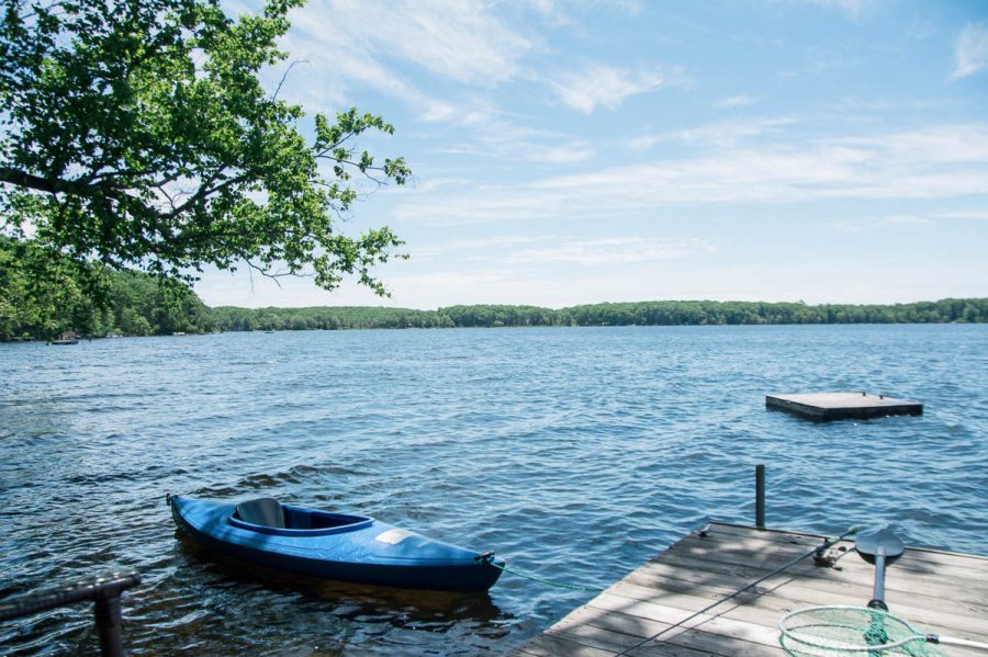 A blue kayak on a lake