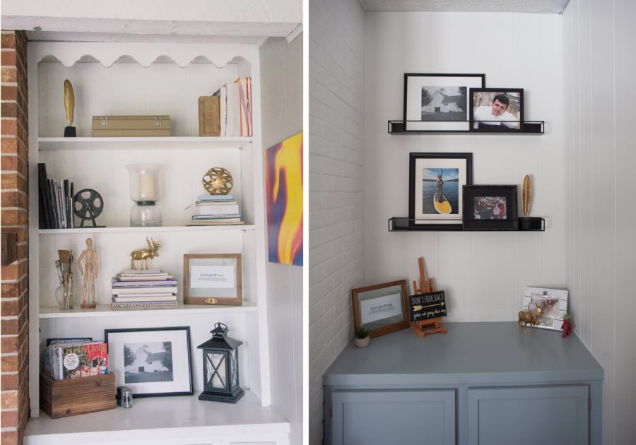 Decluttered shelves by a fireplace